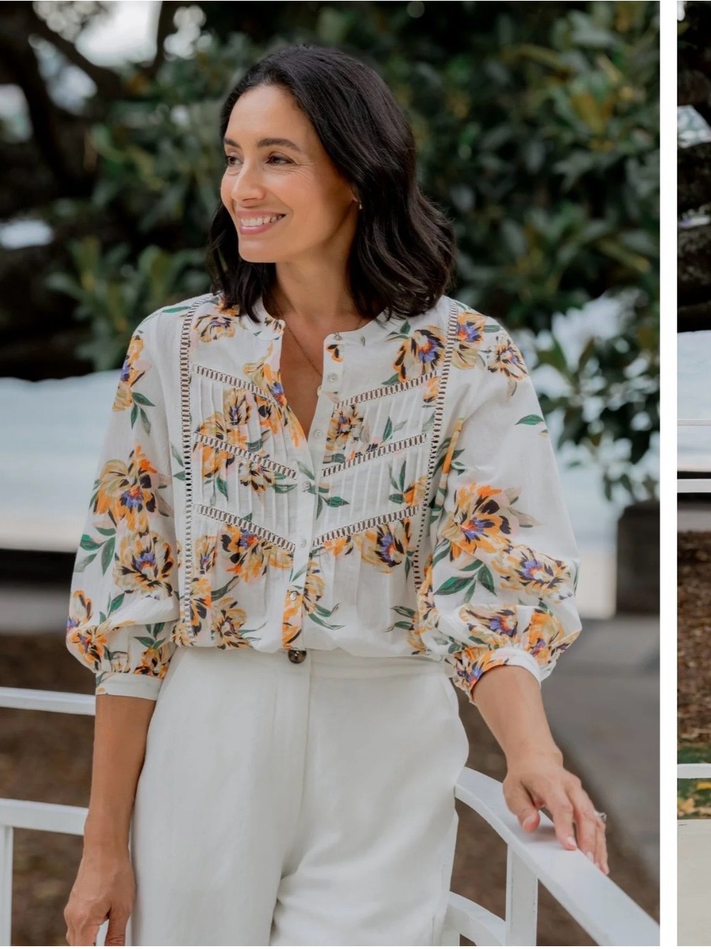 White Floral Lace-Trim Button Blouse with Puff Sleeves